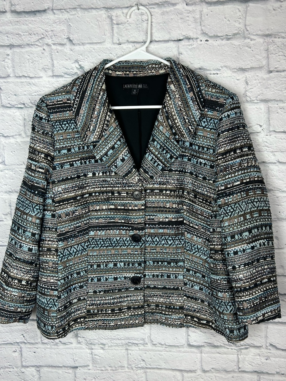 Lafayette 148 New York Size 16 Blue Black Textured Jacquard Blazer Jacket